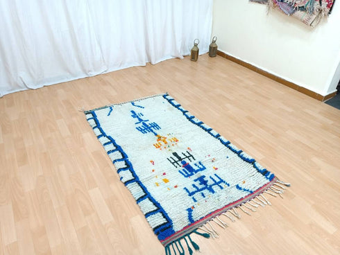White and Blue Handmade Moroccan Berber Rug - Vintage Boho